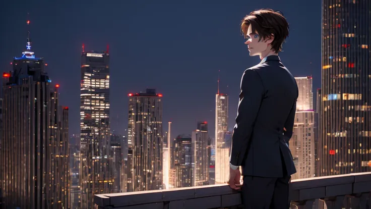 1 Boy, medium light brown hair, light blue eyes, wearing black suit, night city, 18+ , high res, ultrasharp, 8K, masterpiece, looking from behind