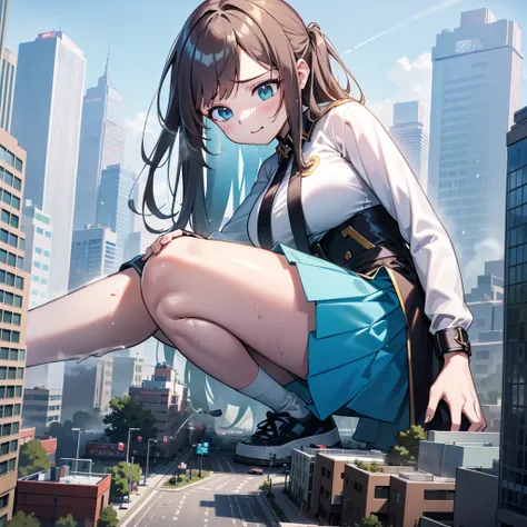 a girl squatting down in a modern miniature city, peeing forcefully, urine spraying out, blushing face, comfortable expression, ...