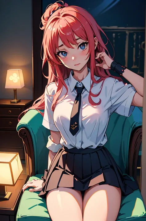 Anime girl sitting on a sofa in a room with a lamp, marin kitagawa fanart, Cute girl anime visuals, Beautiful anime school girl, Fine details. Girl前線, Attractive anime girl, Smooth anime CG art, a hyperRealistic , Realistic , Cute and elegant pose, Enchant...