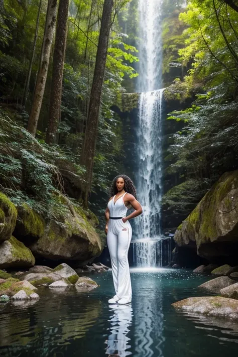 a woman in a white jumpsuit standing in a body of water, loba andrade de apex legends, beautiful city only black women, full - length photo, curves!!, at the forest, tessa thompson inspired, dripping down, athletic body building, Edmonia Lewis, desirable