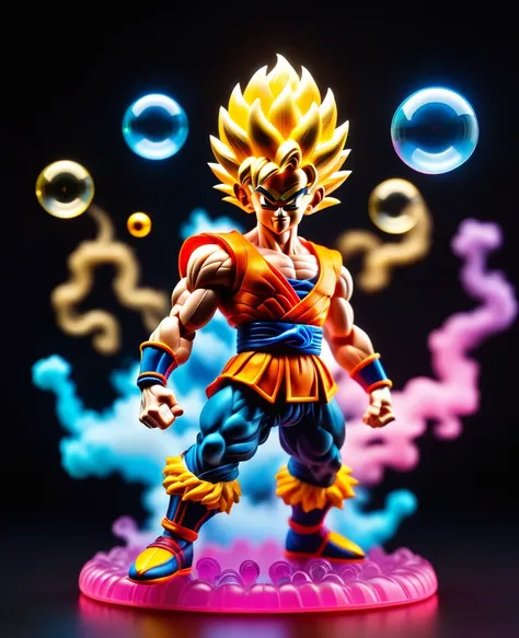 Sun Wukong (Kakarot),《Dragon Ball》,cute,miniature,close-up,obvious features,muscular,kung fu,building blocks,LED light source,glowing,high-tech,new materials,colorful,neon,semi-transparent,lightning,color burst,vaporwave,bubbles,evaporating,vibrant colors,...