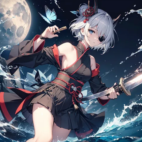 (((1 person　Put on an eye patch　Gray Hair　Qinglong)))　((High resolution　short hair　Black kimono　Shoulder　Rin々Funny face　knifeを胸の前で構える))　((Black Band　samurai　Lonely　despair　blue eyes　Close-up))　((Blue Butterfly　night　Japanese style　old　Shining Aura　garden　w...