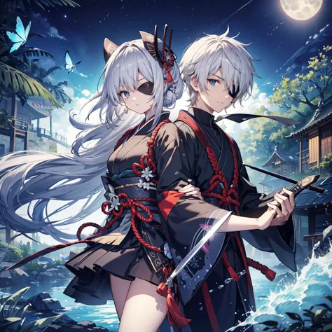 (((1 person　Put on an eye patch　Gray Hair　Qinglong)))　((High resolution　short hair　Black kimono　Shoulder　Rin々Funny face　knifeを胸の前で構える))　((Black Band　samurai　Lonely　despair　blue eyes　Close-up))　((Blue Butterfly　night　Japanese style　old　Shining Aura　garden　w...