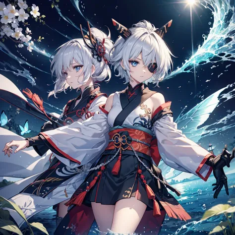 (((1 person　Put on an eye patch　Gray Hair　Qinglong)))　((High resolution　short hair　Black kimono　Shoulder　Rin々Funny face　knifeを胸の前で構える))　((Black Band　samurai　Lonely　despair　blue eyes　Close-up))　((Blue Butterfly　night　Japanese style　old　Shining Aura　garden　w...