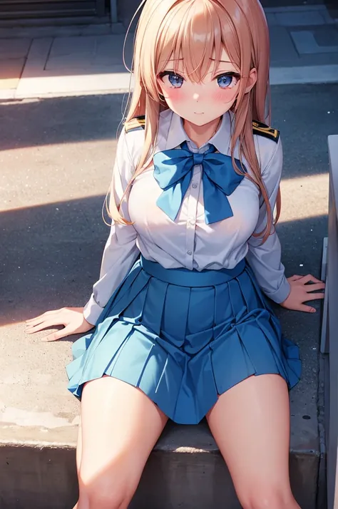 From above, (Squint your eyes:1.2), close, One Girl, blush, sit, nsfw,beautiful girl,Wear a uniform, Light blue skirt, Anime move