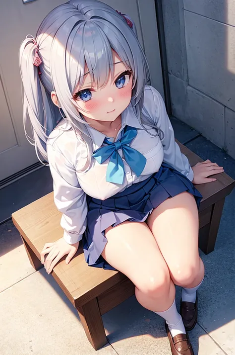 From above, (Squint your eyes:1.2), close, One Girl, blush, sit, nsfw,beautiful girl,Wear a uniform, Light blue skirt, Anime move