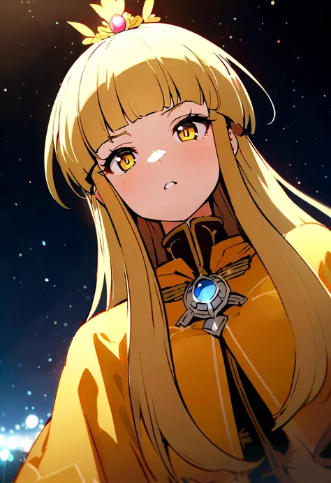 Kizi, flowing golden blonde hair, yellow  eyes, golden imperial clothing, neckleace, アニメ, the background is a clear sky with twinkling lights, dynamic angle, arrogant laugh, a Kizi é uma patricinha mimada