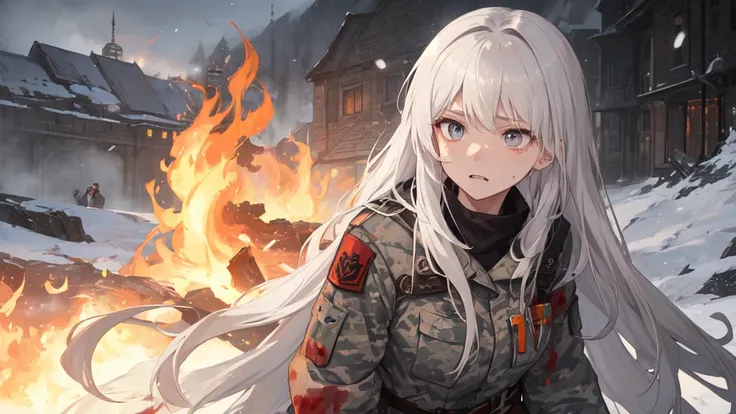 masterpiece:1.2), best quality , 独奏 ,pixiv, anime girl ，long straight white hair , black eyes ,Wearing off-white camouflage uniform ,ten years old，military fortress，(Eyes looking into the distance:1.3)，(look away:1.5)，snowy weather，dirty face，The backgroun...