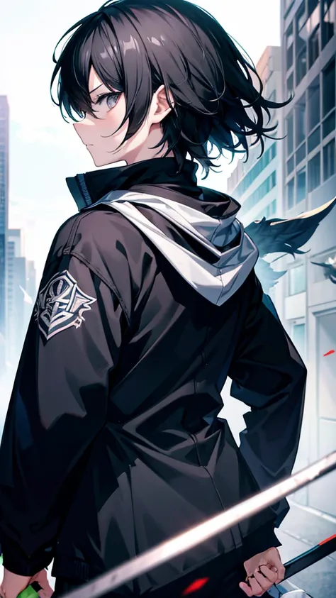 profile background, anime boy, serious face, black hair, grey eyes, student clothing, high-res portrait, detailed eyes and face, character, fantasy, advanced urban, looking from behind at viewer, 4K, high resolution