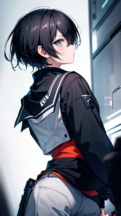 profile background, anime boy, serious face, black hair, grey eyes, student clothing, high-res portrait, detailed eyes and face, character, fantasy, advanced urban, looking from behind at viewer, 4K, high resolution