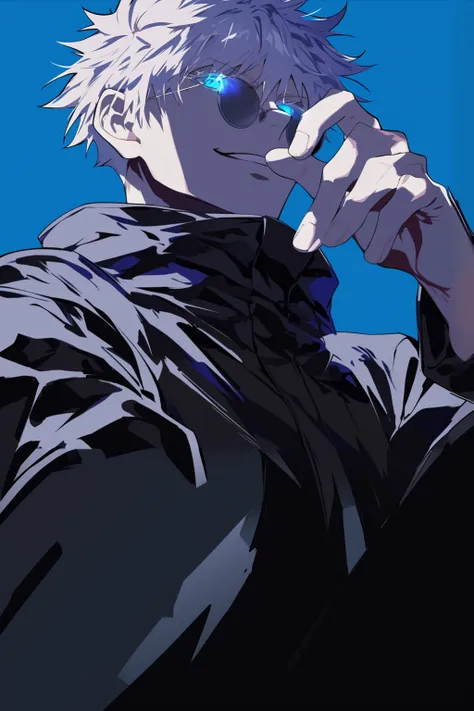 White hair，Wearing sunglasses，Cartoon boy calling on mobile phone, Tall anime man with blue eyes, kaneki ken, Killua Zoldyk portrait, best anime 4k konachan wallpaper, Killua Zoldyk, Use your index finger, Trigger anime art style, Komaeda Nagito, Kaneki Ke...