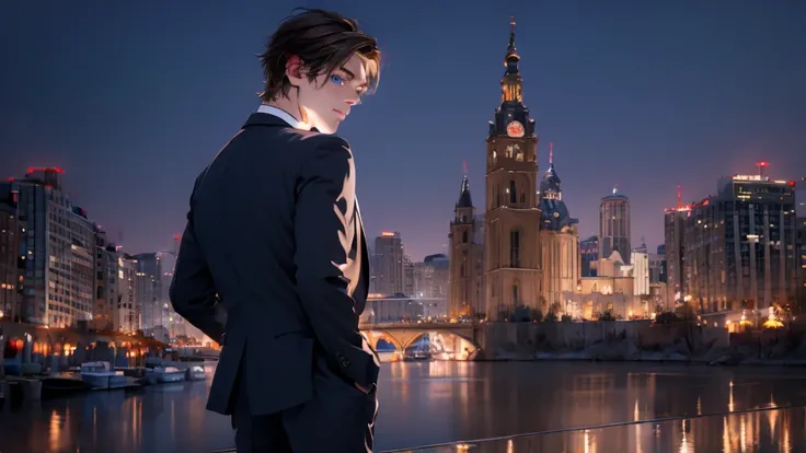 1 Boy, medium light brown hair, light blue eyes, wearing black suit, night city, 18+ , high res, ultrasharp, 8K, masterpiece, looking from behind