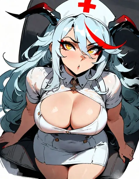 1girl, aegir (azur lane), azur lane  masterpiece, best quality, very aesthetic, absurdres, newest  sportive body,   by nyantcha,,by cutesexyrobutts,by khyle ///// silvery white hair with a single prominent red streak, black horns, yellow eyes,  , white bac...