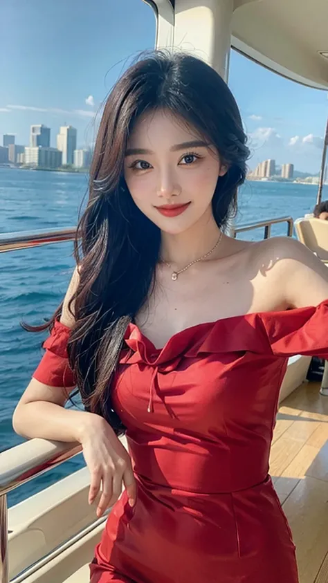 A sweet girl by the yatch，voluminous hair，Delicate face，Photorealsitic，of a real，largeaperture，wears a pink dress，A cropped dress，Off-the-shoulder，A dress around the neck，Slim，smiles，Ultra-high resolution, Blurred background