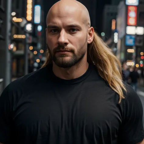 30 year old man. Ultra realistic. 4k. Bald. Bearded. Well dressed. Streets of new York. Head and shoulders. Muscular. Black shirt. Blonde hair. Norwegian heritage 