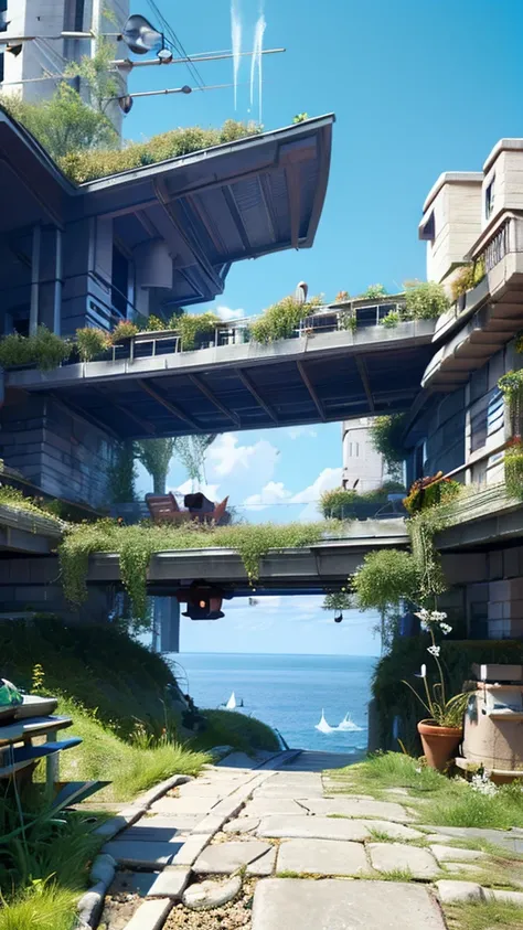 A futuristic city with flying cars and holographic displays, connected by spiral bridges over an ethereal ocean. The sky is a clear blue, and the buildings have metallic textures. In one corner of the scene, there is a large floating structure resembling t...