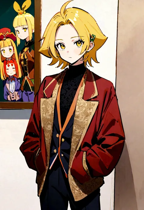 Kizi, flowing golden blonde hair, yellow  eyes, rich clothes, Kizi dos anos 2000, , アニメ, The background is a school, ((best qualityer)), ((work of art)) ((intricado アニメ)) detailedeyes, calm and cute, short hair with clips, hands in pocket