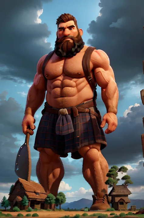 a giant lumberjack, huge muscular man with a beard, holding a large axe, standing in front of a massive beanstalk reaching up into the clouds, dramatic lighting, cinematic composition, fantasy landscape, moody colors, photorealistic