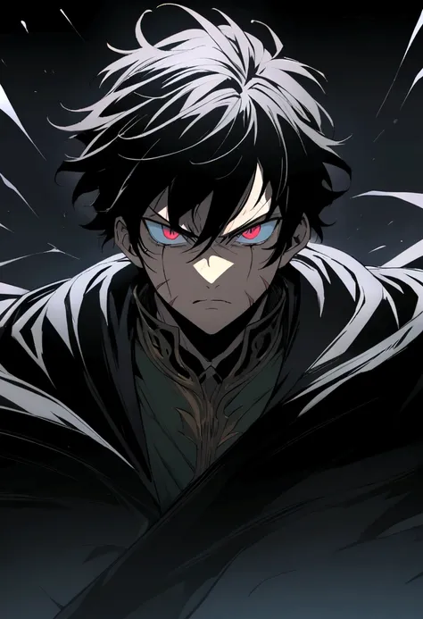 Close de (male anime character:1.3), (intense gaze:1.2), (eyes black:1.3) with a red and a green, black spiky hair, furrowed eyebrows, (serious expression:1.2), shadowed face, (black cover with white details:1.1), visible scar on left eyebrow, detailed dig...