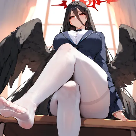 score_9, score_8_up, score_7_up, score_6_up, 1girl, breasts, at school, sit on desk, hasumi (blue archive), rhalo, black hair, long hair, hair between eyes, very long hair, , big breasts, she has  black wings, , alternate costume, school outfit,,,, ,pantyh...