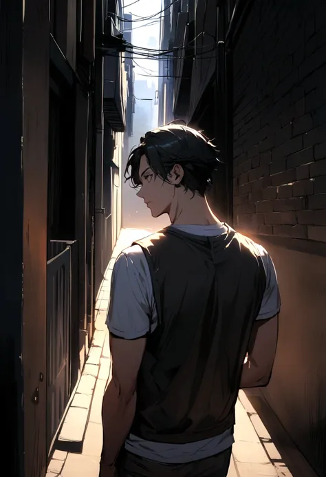 a man facing back, neck-length black hair, wearing a t-shirt and courier vest, against a dark alley