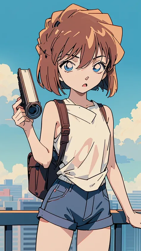 anime style, (1girl in, Solo:1.0), (Haibara Ai), ((Short pants)), (((Big eyes))), (Cute anime girl head), (flat chest),looking at viewer,With a height of 100cm, shoot from front, (head shot), Simple line minimalism, Abstract Art, City background, anime ope...