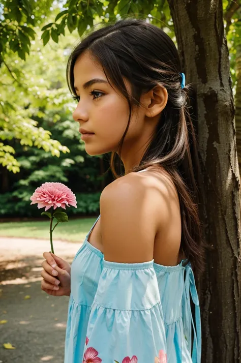 Side view of a girl holding a flower in front of a tree
