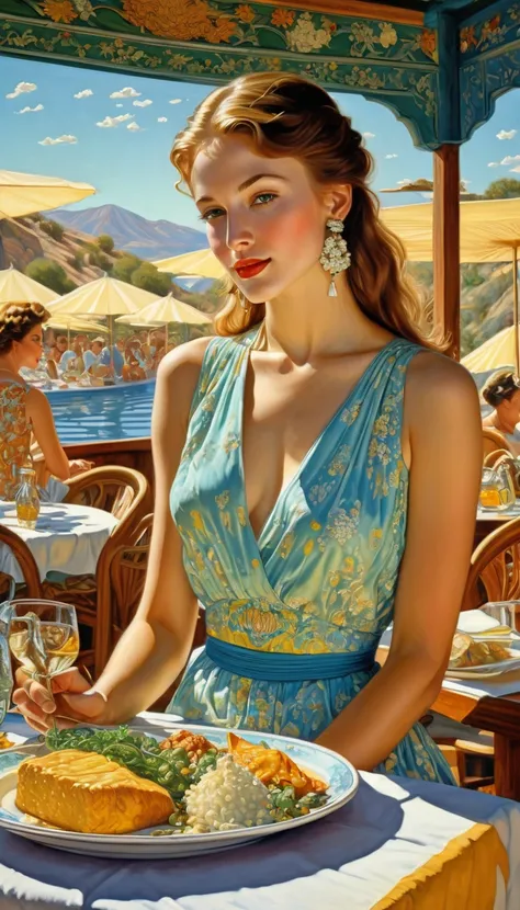 dining at maureen, translucent, luminescent, beautiful, lovely, a cosmic harmony, sundress, a highly detailed digital painting, a close portrait 20 yo girl in the style of Frank McCarthy, George Barbier, detailed face, eastern delicious delight food, maste...