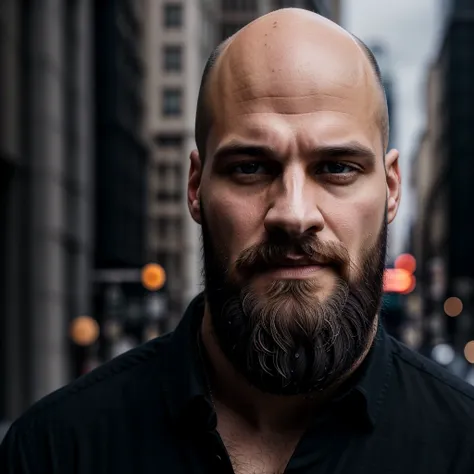 30 year old man. Ultra realistic. 4k. Bald. Bearded. Well dressed. Streets of new York. Head and shoulders. Muscular. Black shirt. Blonde hair. Norwegian heritage 