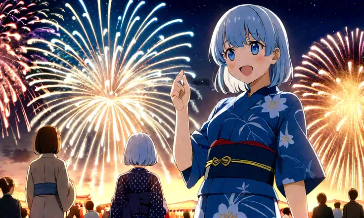 anime girl Navy blue yukata姿で outfit looking at fireworks in the sky, firework, Navy blue yukata姿で, [ fireworks in the sky ]!!, fireworks, Navy blue yukata姿で, Summer Festival Night, fireworks in the background, Navy blue yukata, Japanese Yukata, 色鮮やかなNavy ...