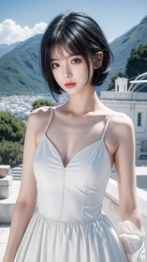 best quality, 1 Girl, dark blue hair, black eyes, Very short hair, Spiky hair, wears sweet white dress luxury，A cropped dress, 171 cm, Messy hair, Hair between the eyes, Tomboy, aldult, 20 years old, A sweet girl by the mountain