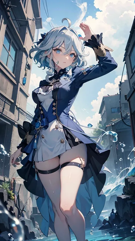 (full body),masterpiece, The best quality at its best, One huge breasted girl, Follina, Genshin Impact, Gray Hair, Blue Hair, Cute big breasts, Tear organ pupil, sad, Clit,  Underwater, Air bubbles, big, Fall into oblivion, Abandoned city，Cowboy Shot，Kung ...