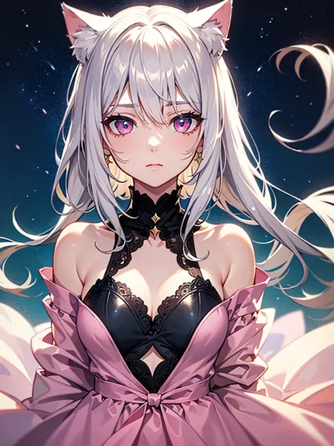 Highly detailed face,fine grain,Sparkling eyes,Highlighted eyes,Medium chest,pretty girl, Melancholic gaze,Cat ear,Beautiful silver hair,Pink inside,Beautiful pink eyes, dress, starry sky
