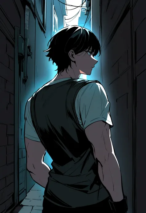 a man facing back, neck-length black hair, wearing a t-shirt and courier vest, against a dark alley