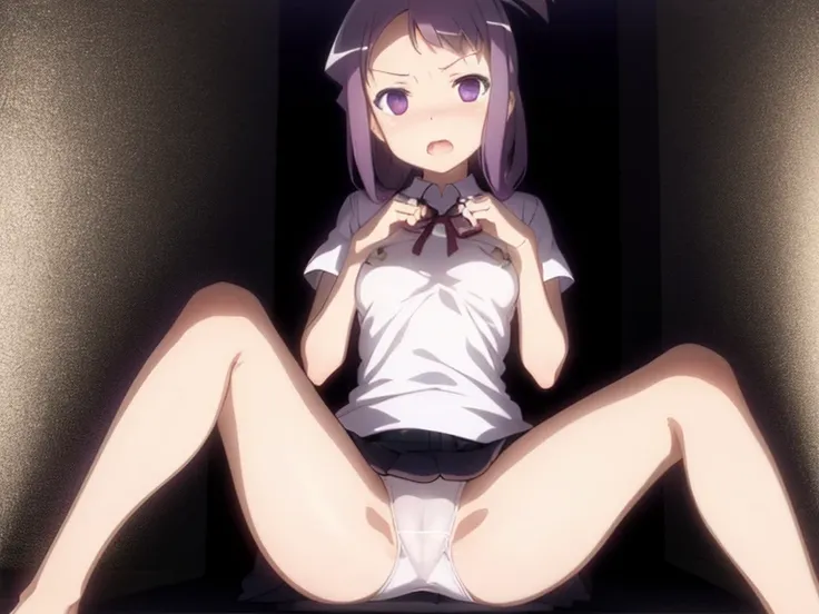 (ultra-highdetail, 8k quality, best quality, extremely detailed illustration,intense shadows,), (kyouko suehara, purple eyes,,solo), spread legs, very short skirt, white panties, wet panties, looking at viewer, cameltoe, sleevless, no bra, show off nipple,...