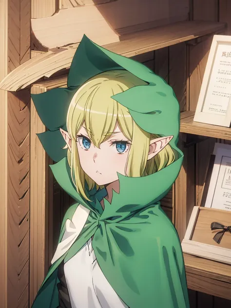 This_Ryu, 1 girl, blonde hair, One, Blue eyes, pointed ears, Cloak, elf, hair between eyes, closed mouth, upper body, anime coloring pages, bang, a parody, зеленый Cloak, Looking at the viewer, hood