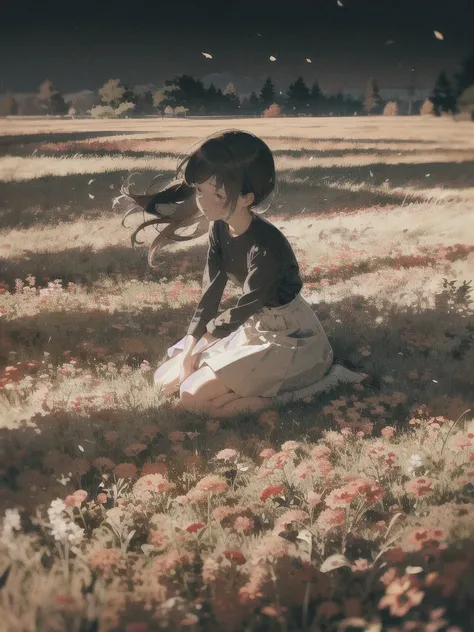 A melancholic autumn scene in a vast flower field,a gentle breeze rustling through the dry grass,fallen leaves scattered among the flowers, a bittersweet atmosphere, a moment of quiet contemplation,1girl,long hair,white_skirt, high-waist_shorts, outfit ,ro...