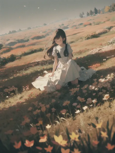 A melancholic autumn scene in a vast flower field,a gentle breeze rustling through the dry grass,fallen leaves scattered among the flowers, a bittersweet atmosphere, a moment of quiet contemplation,1girl,long hair,white_skirt, high-waist_shorts, outfit ,ro...