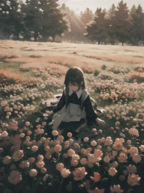 A melancholic autumn scene in a vast flower field,a gentle breeze rustling through the dry grass,fallen leaves scattered among the flowers, a bittersweet atmosphere, a moment of quiet contemplation,1girl,long hair,white_skirt, high-waist_shorts, outfit ,ro...