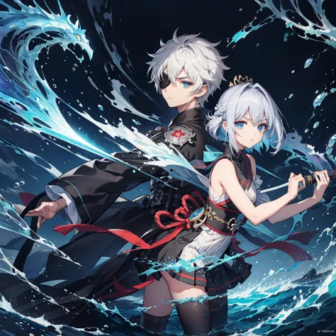 (((1 person　Put on an eye patch　Gray Hair　Qinglong)))　((High resolution　short hair　Black kimono　Shoulder　Rin々Funny face　knifeを胸の前で構える))　((Black Band　samurai　Lonely　despair　blue eyes　Close-up))　((Blue Butterfly　night　Japanese style　old　Shining Aura　garden　w...