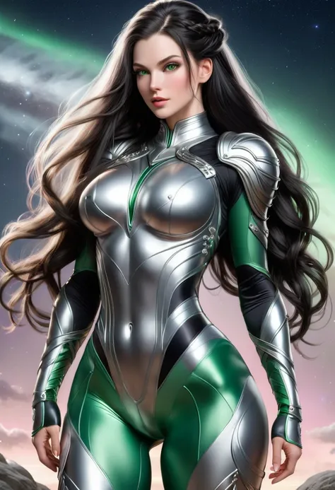 BOMBSHELL BLACK HAIR VALKYRIE, PALE SKIN, LIGHT GRAY EYES, HIGH CHEEKBONES, ROSY CHEEKS, MENTAL FORAMEN, HUGE LONG HAIR, DOUBLE BRAIDED HAIR, SILVER THONG LEOTARD ARMOUR, LONG SLEEVES, SILVER UNDER BODYSUIT, GREEN NECK BODYSUIT, LONG SILVER GAUNTLETS, ATHL...