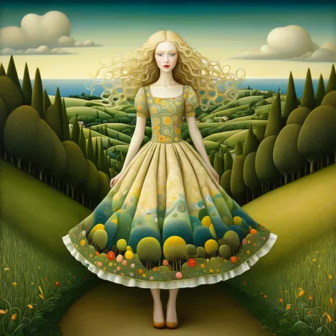 Patchwork by Klimt, Nicoletta Ceccoli, Naoto Hattori, Lawrence Didier, Leonora Carrington of European Woman, ash blond hair, light dress that allows a glimpse of her shape and breasts. is on the top of a gentle hill from which you can see the sea and fores...