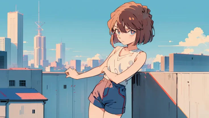 anime style, (1girl in, Solo:1.0), (Haibara Ai), ((Short pants)), (((Big eyes))), (Cute anime girl head), (flat chest),looking at viewer,With a height of 100cm, shoot from front, (head shot), Simple line minimalism, Abstract Art, City background, anime ope...