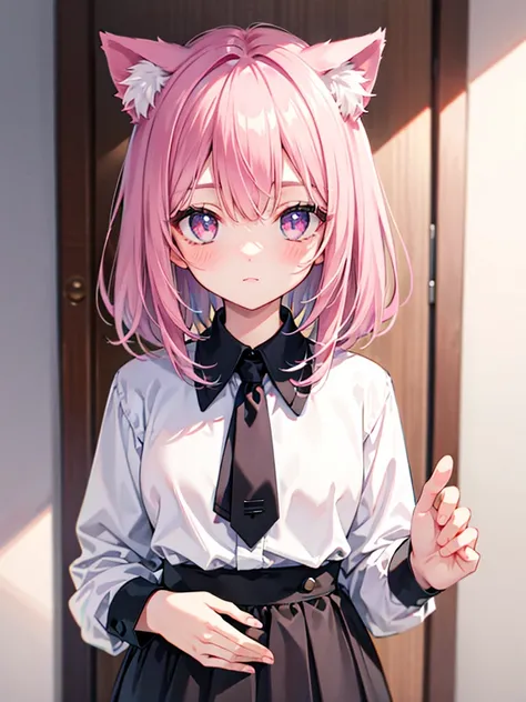 Highly detailed face,fine grain,Sparkling eyes,Highlighted eyes,Medium chest,pretty girl, Longing eyes,Cat ear, Beautiful silver hair,Pink inside,Beautiful pink eyes,Oversized shirt,skirt
