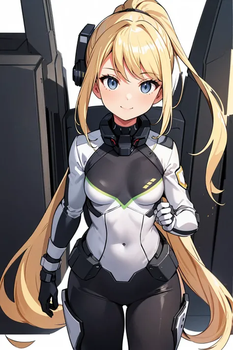 whole body,Standing posture, (alone,Beautifully arranged hair,,Blonde,ponytail,) (One girl, Small breasts,Lori), (beautifully drawn face:1.2) (Prison uniform,Sci-Fi Suit) A determined smile,Cool pose,(White background) 