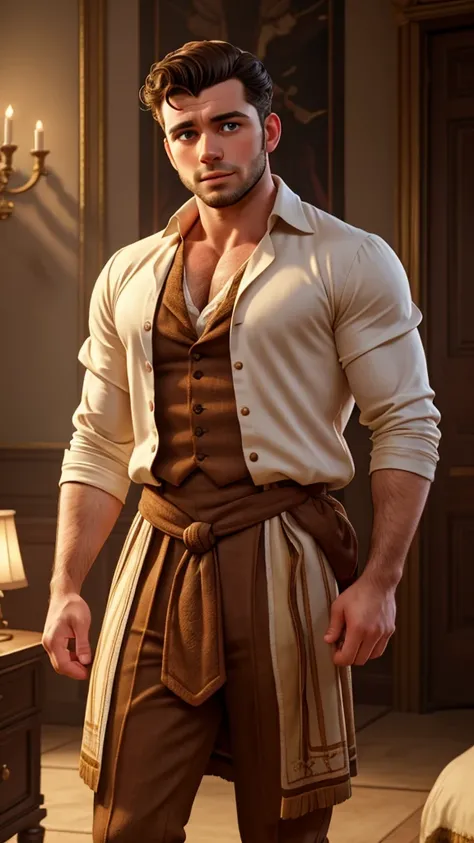 male, british, regency era, bridgerton, jonathan bailey, anthony bridgerton lookalike, big muscles, big pecs, hairy chest, handsome face, wearing regency era silk sleepwear, chiaroscuro lighting, dramatic shadows, hyper-realistic, award winning portrait, h...