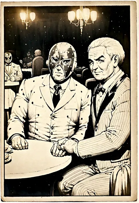 80s cartoon Illustration of a bulky man wearing a fancy suit and a full lucha libre wrestling mask, sitting at a dinner table