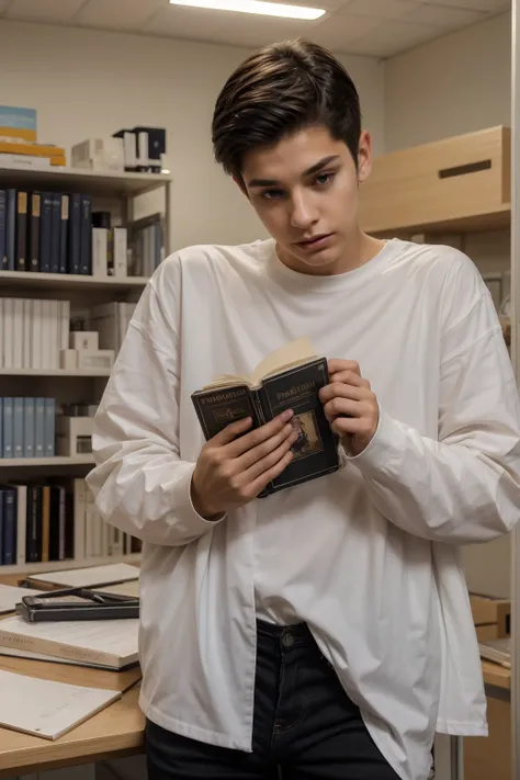 A beautiful young male twink with black hair and a face with makeup. He is wearing a white long-sleeved shirt and black jeans. He is in his huge scientific office and he is studying with concentration on a desk with a mathematics book on it.