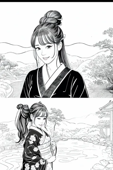 Please create a realistic ukiyo-e illustration of a cute, smiling woman in a kimono that conveys Japanese culture in various poses with (a Japanese garden in the background:1.5), using a simple black and white coloring book that even children can do. The i...