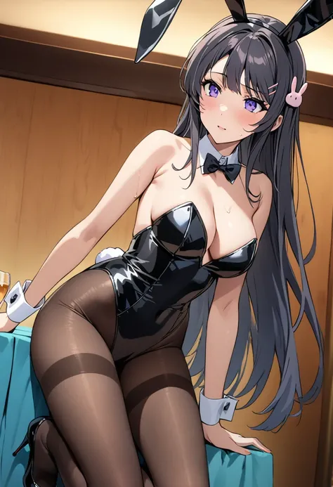 ((masterpiece)), Highest quality, Very detailed,(One Girl), mai sakurajima, long hair, bangs, black hair, hair ornament, purple eyes, hairclip, rabbit hair ornament,、 Long Hair,Beautiful background ,Half-dressed,  chest, Bent body,Lie in, Look to the side,...